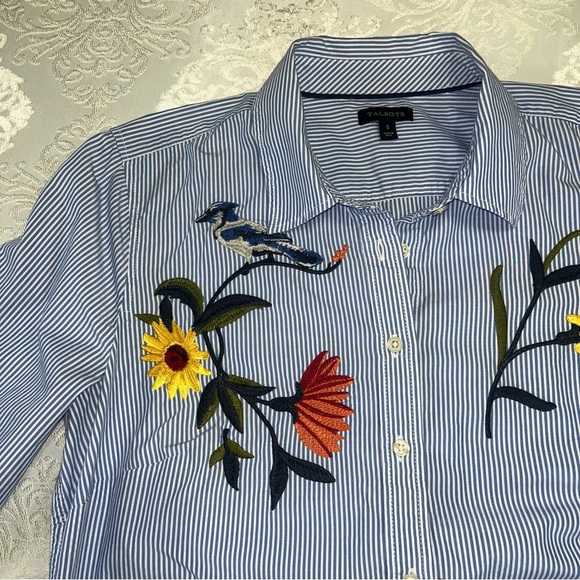 Talbots Embroidered 100% Cotton Button Down Ling Sleeve Blue & White Size Small - Picture 7 of 12